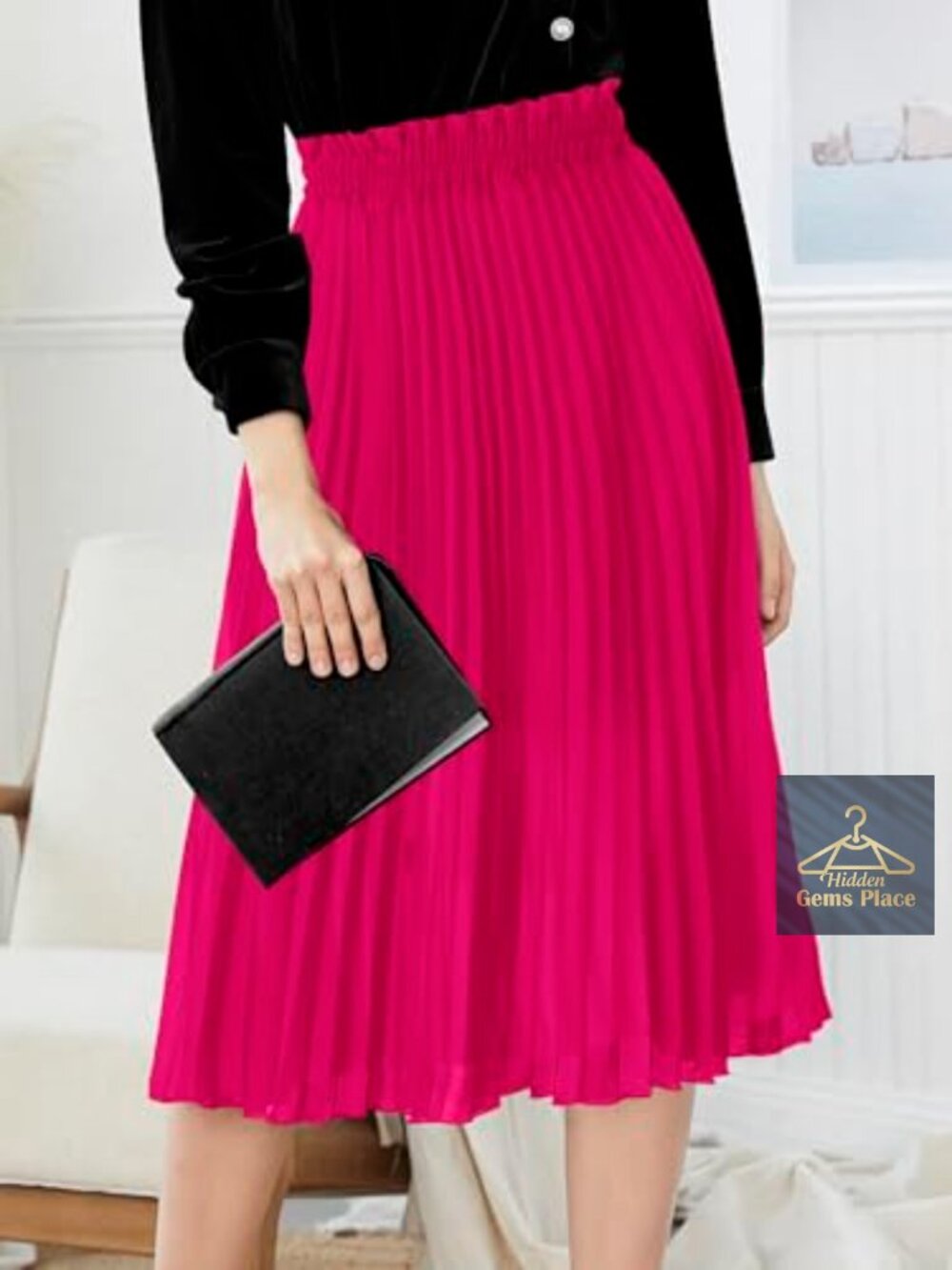 High Waist Pleated A-Line Midi Skirt Flowy Swing Skirt S-3XL - Picture 5 of 7